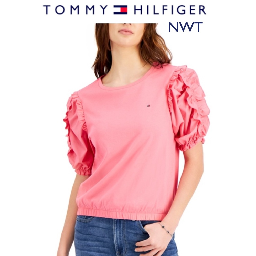 NWT-TOMMY HILFIGER Puffed Ruffle Sleeve Top  Pink Medium